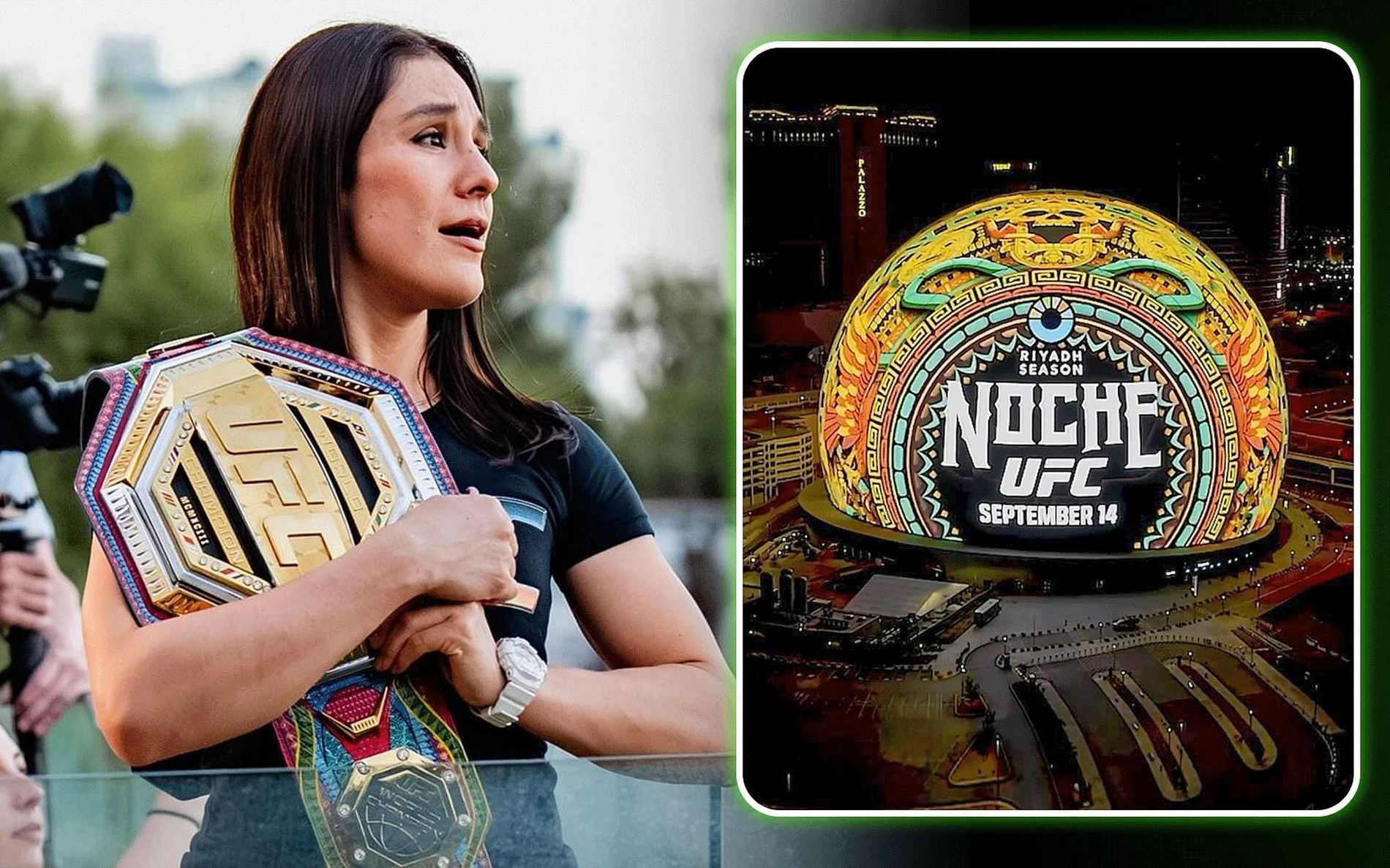 Noche UFC 306 promotional graphic featuring a UFC champion holding title belts alongside the Aztec-patterned Sphere marquee reading Noche UFC, September 14