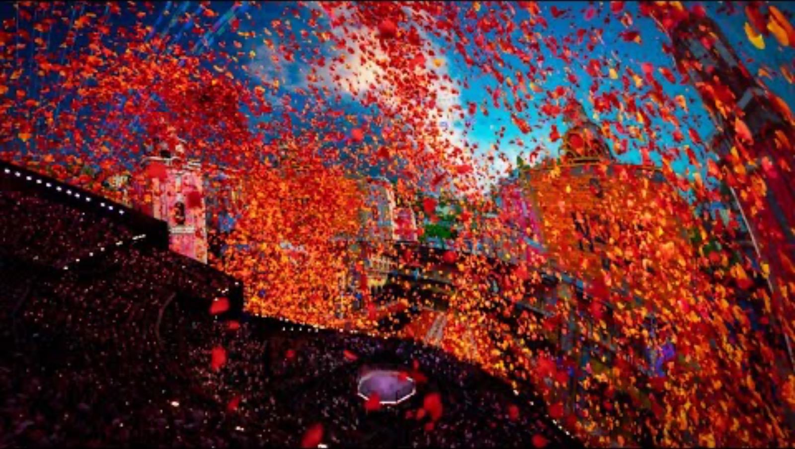 Confetti and pyrotechnics filling the Sphere's interior during a UFC 306 broadcast