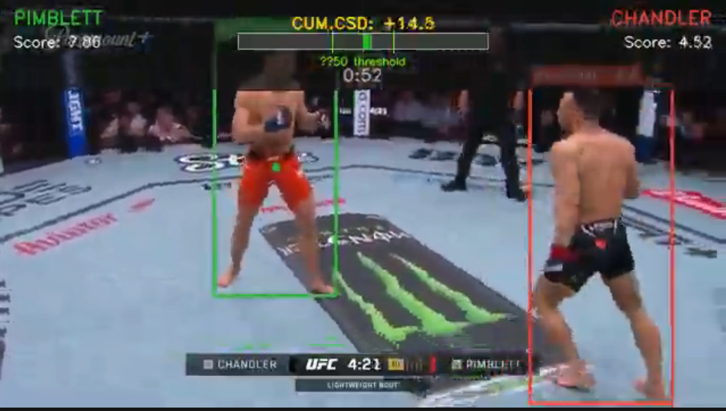 Live broadcast overlay tracking cumulative combat sport differential (CUM.CSD) between fighters Pimblett and Chandler, with a +/-50 threshold marker