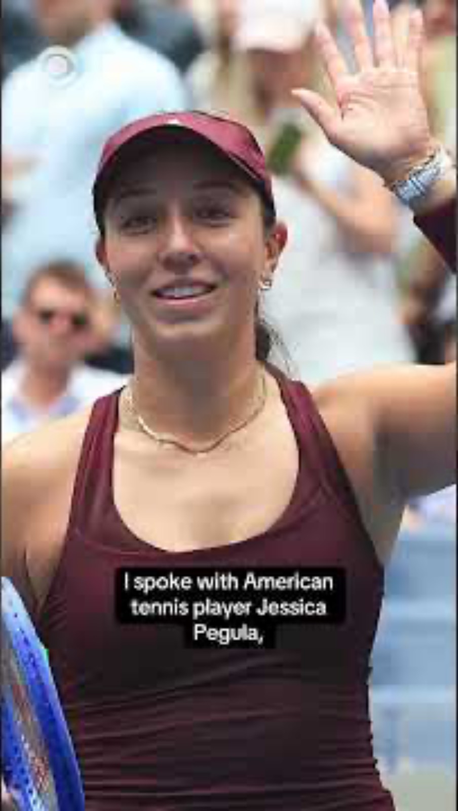 Tennis player waving to the crowd, with a caption referencing an interview about AI tennis analysis at the US Open